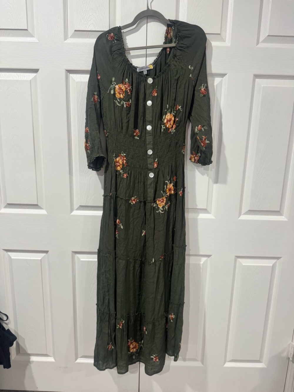 Floral Button-Front Olive Maxi Dress with Gathered Waist